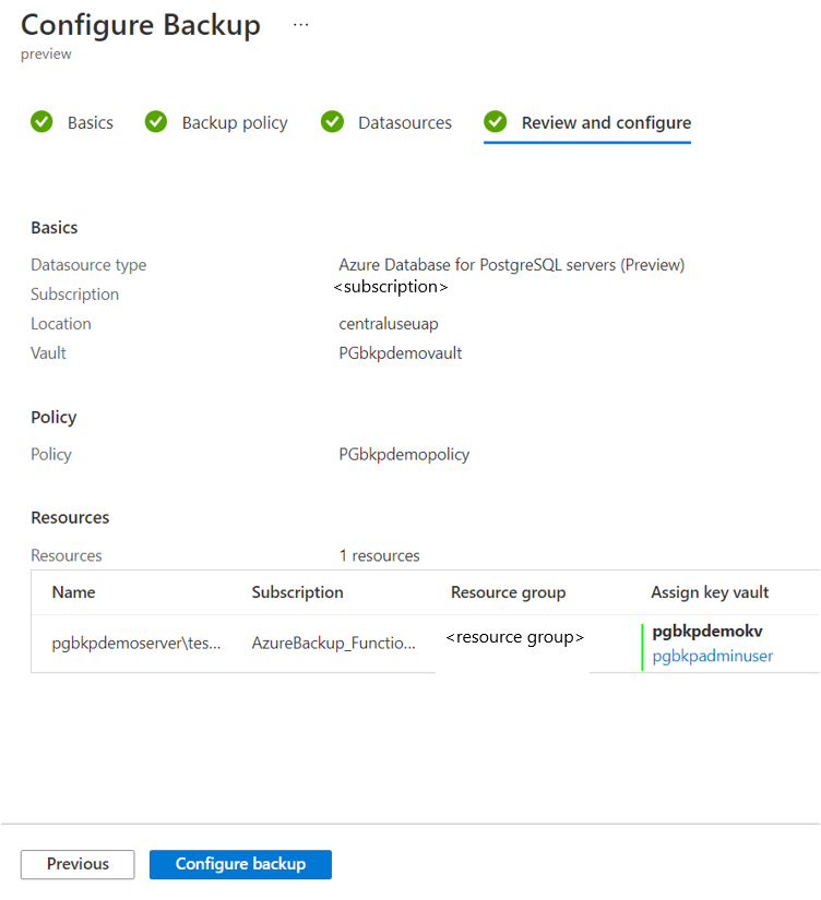 Captura de pantalla que muestra la página de revisión de la configuración de copia de seguridad.