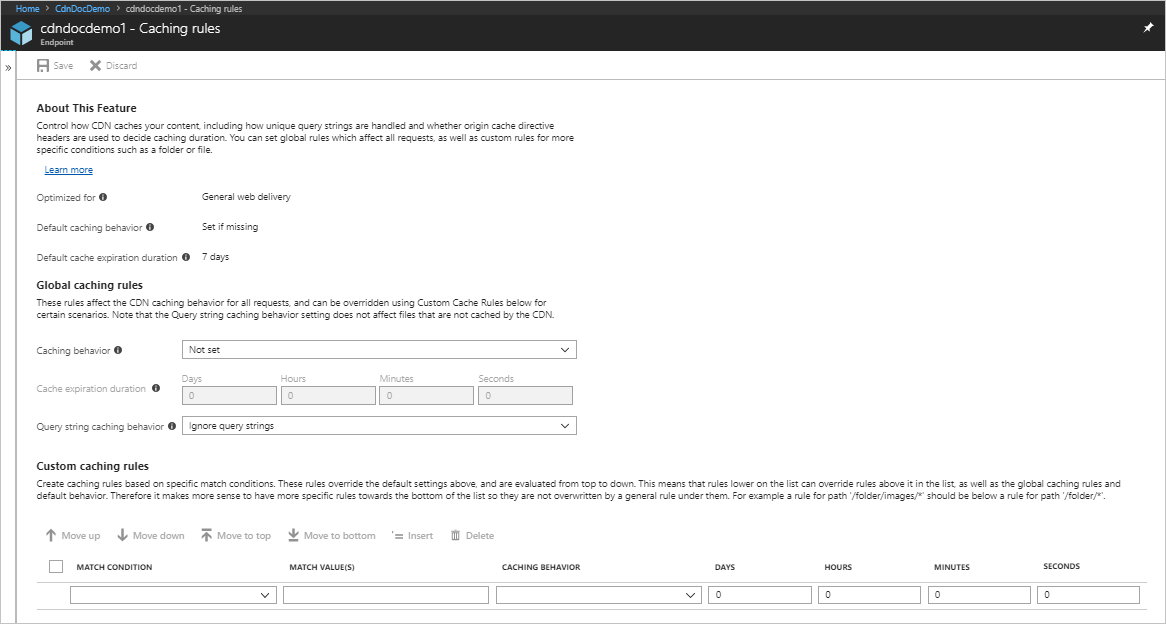 Captura de pantalla de la página reglas de almacenamiento en caché de red de entrega de contenido.