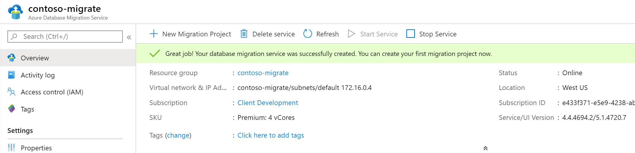 Screenshot shows how to create a new Database Migration Service project