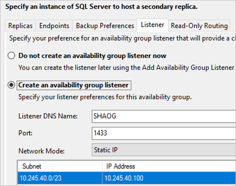 Screenshot that shows the Create an availability group listener option.