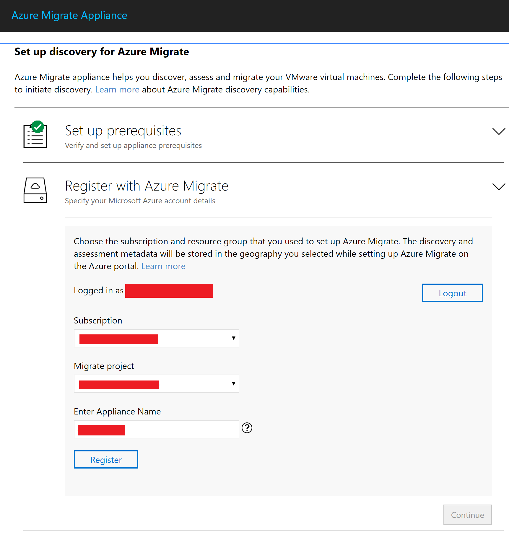 Screenshot that shows selections for registering with Azure Migrate.