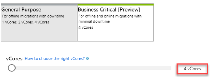 Screenshot that shows Database Migration Service scaling, with the Business Critical option selected.