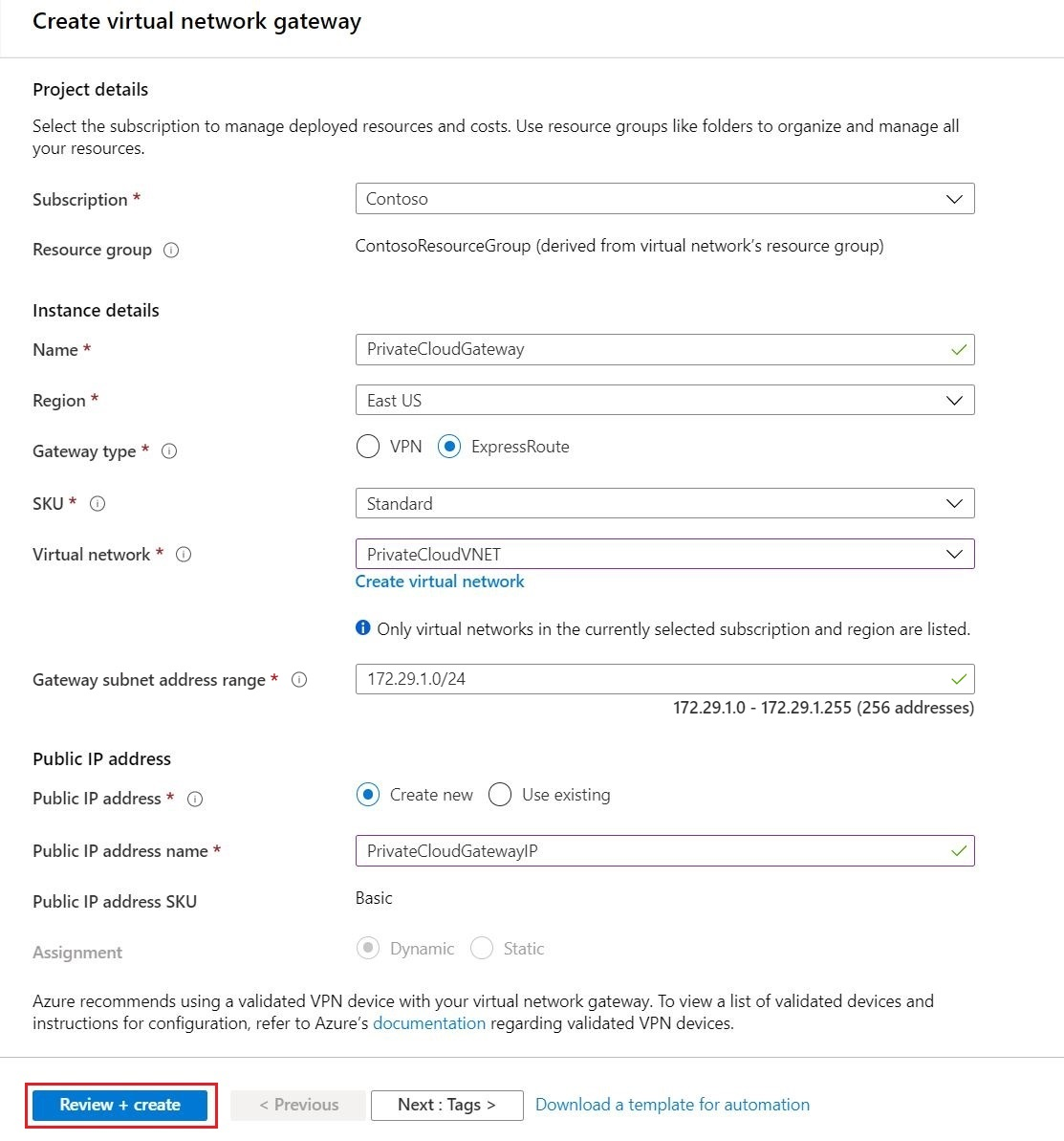 Captura de pantalla del panel Crear puerta de enlace de red virtual.