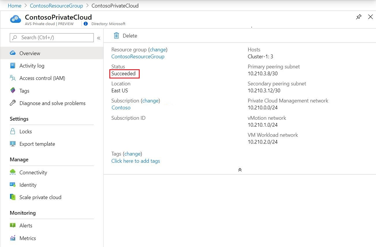 Captura de pantalla de la página de la nube privada de Azure VMware Solution de Contoso que muestra que la implementación se ha realizado correctamente.