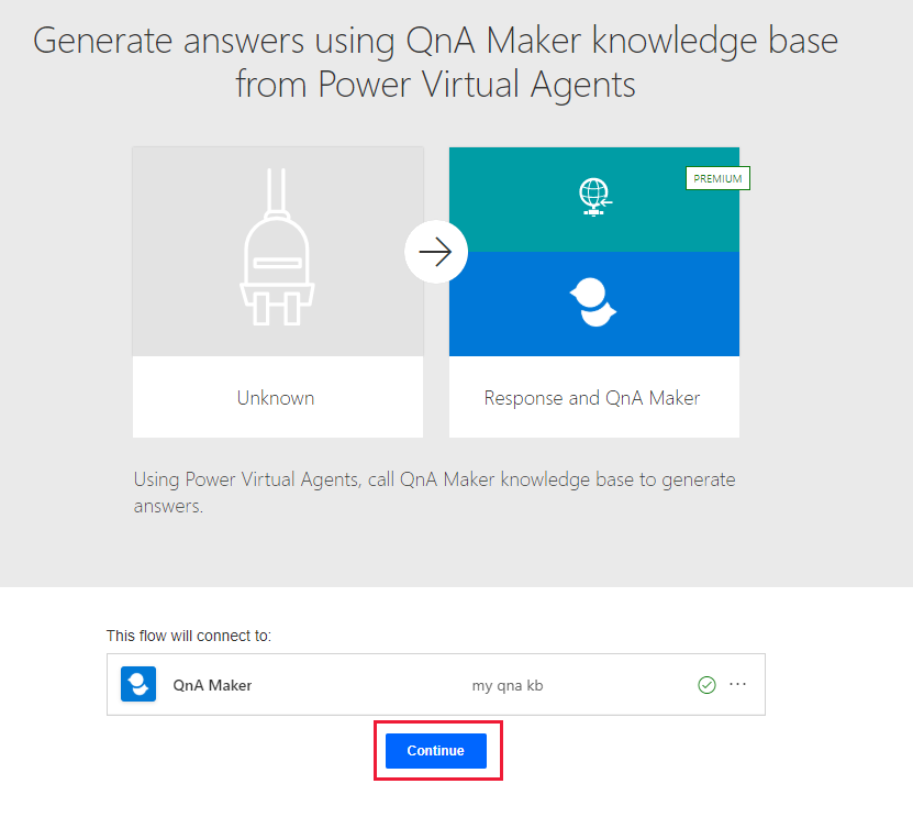 Captura de pantalla parcial del flujo de la plantilla de QnA Maker con el botón Continuar resaltado.