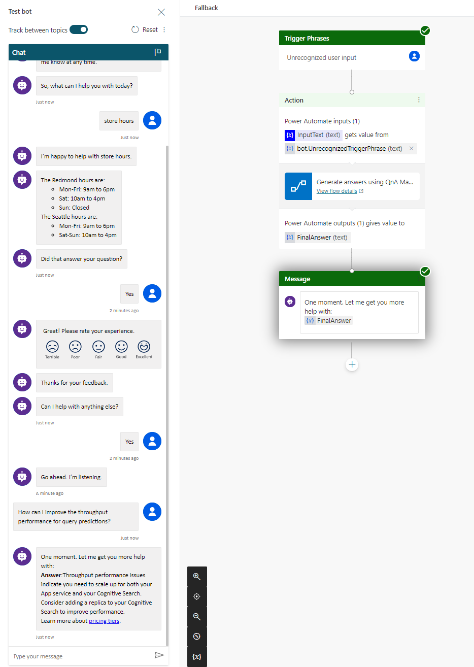 Captura de pantalla del bot de chat con el lienzo que muestra marcas de verificación verdes para las acciones correctas.