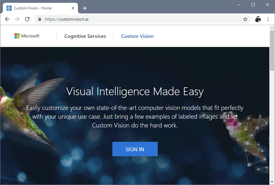 Sitio web de Custom Vision en una ventana del explorador Chrome