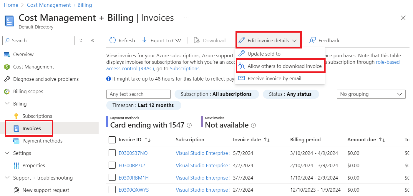 Captura de pantalla que muestra Permitir que otros usuarios descarguen la factura.