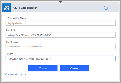 Captura de pantalla de la conexión de Azure Data Explorer, en la que se muestra el cuadro de diálogo autenticación de la aplicación.