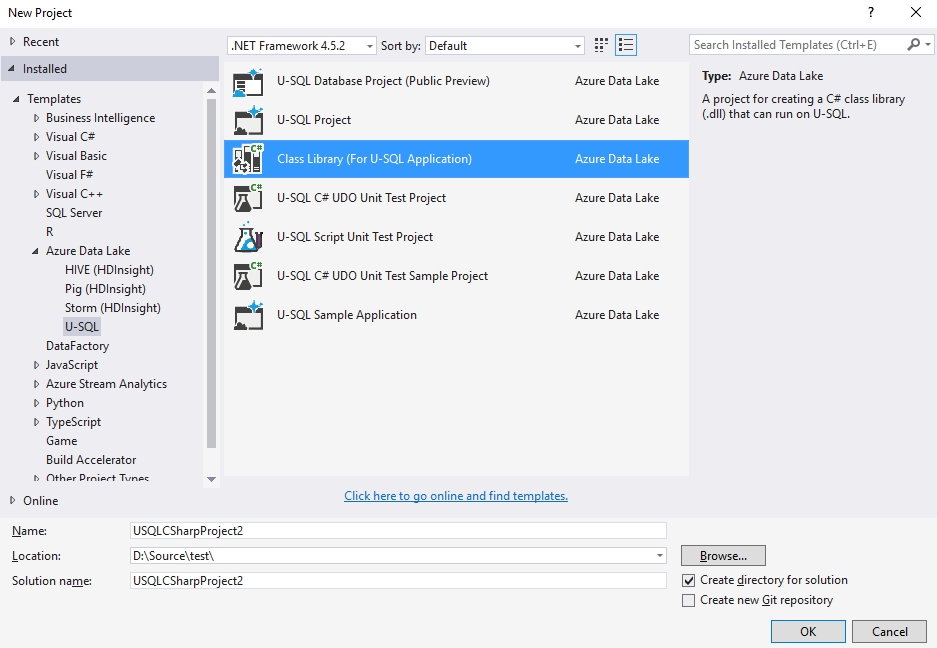 Herramientas de Data Lake para Visual Studio: Creación de proyecto de biblioteca de clases de C#