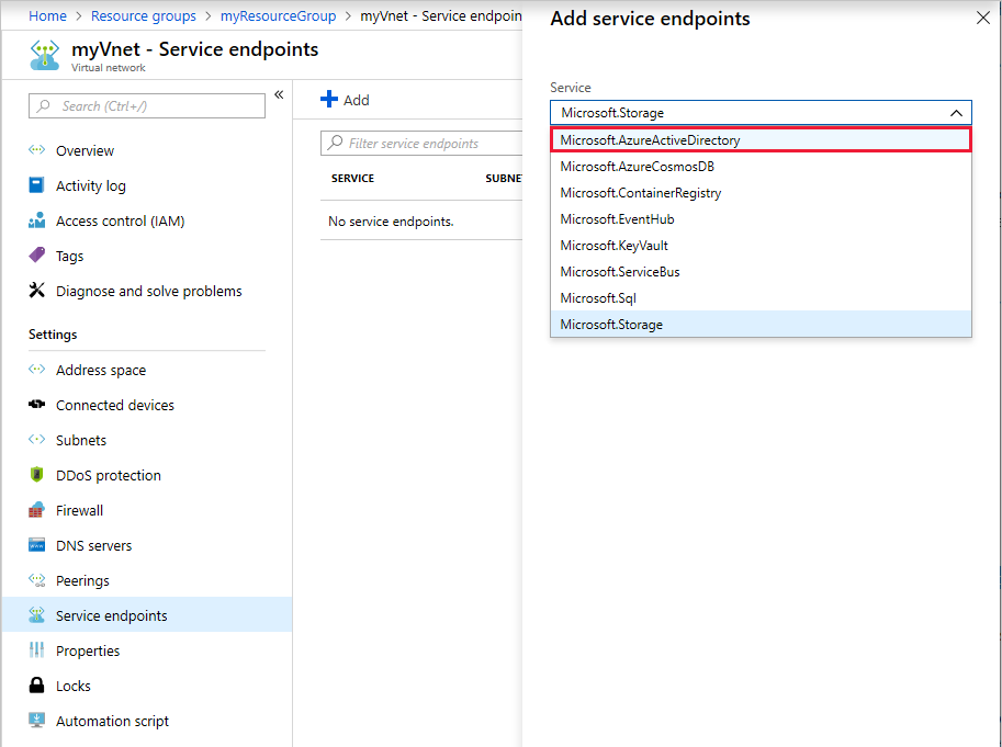 Selección del punto de conexión de servicio Microsoft.AzureActiveDirectory