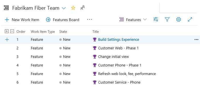 Captura de pantalla que muestra cómo agregar una característica, Azure DevOps Server 2019.