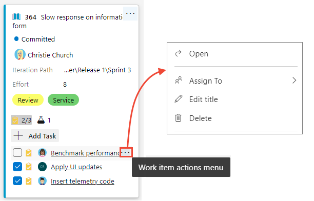 Captura de pantalla de paneles, lista de tareas que muestran avatares y lista de comprobación del menú de acciones de elementos de trabajo.