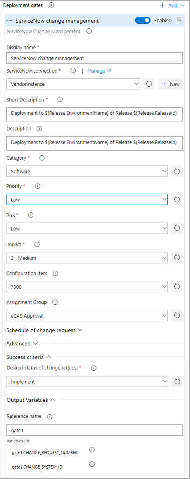 Captura de pantalla que muestra cómo configurar la validación de Administración de cambios de ServiceNow.