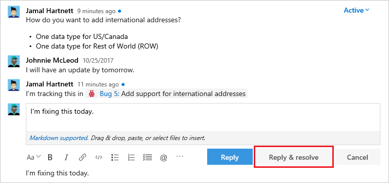 Captura de pantalla que muestra cómo resolver un comentario en solicitudes de incorporación de cambios de Azure Repos.