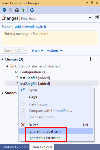 Captura de pantalla de las opciones del menú contextual con los archivos modificados en Team Explorer en Visual Studio 2019.