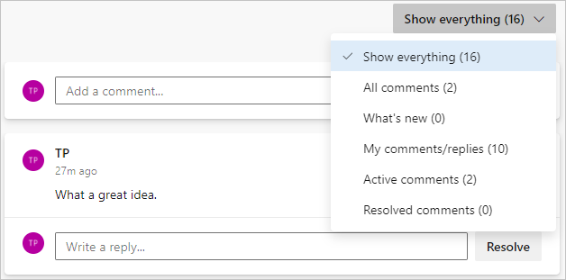 Captura de pantalla que muestra las opciones para filtrar la lista de comentarios en una solicitud de incorporación de cambios.