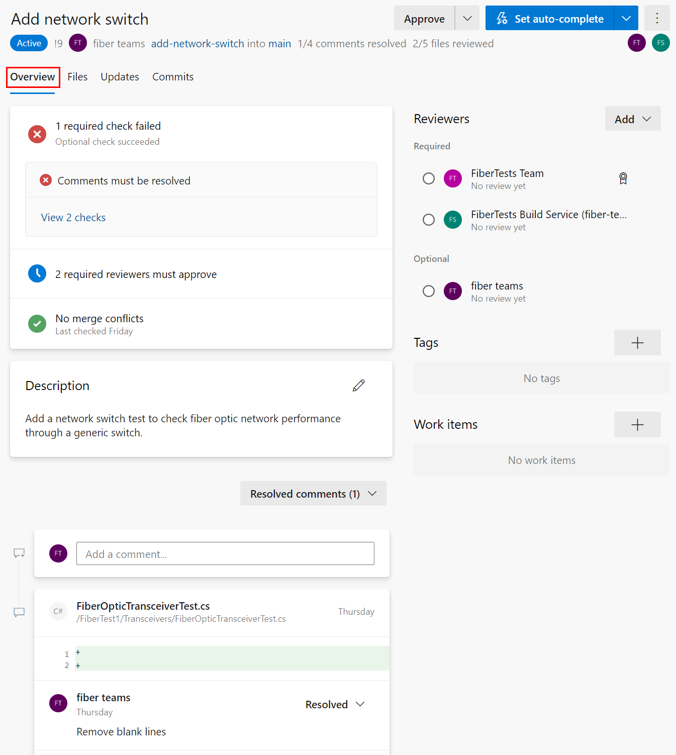 Captura de pantalla de la pestaña de información general de las solicitudes de incorporación de cambios de Azure Repos.