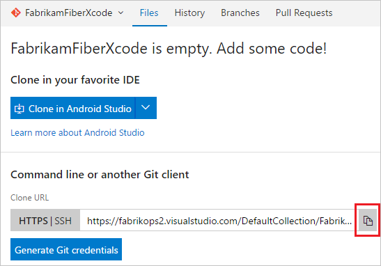 Copia de la dirección URL de clonación del nuevo repositorio Git