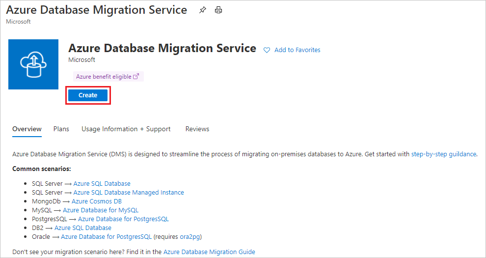 Creación de una instancia de Azure Database Migration Service