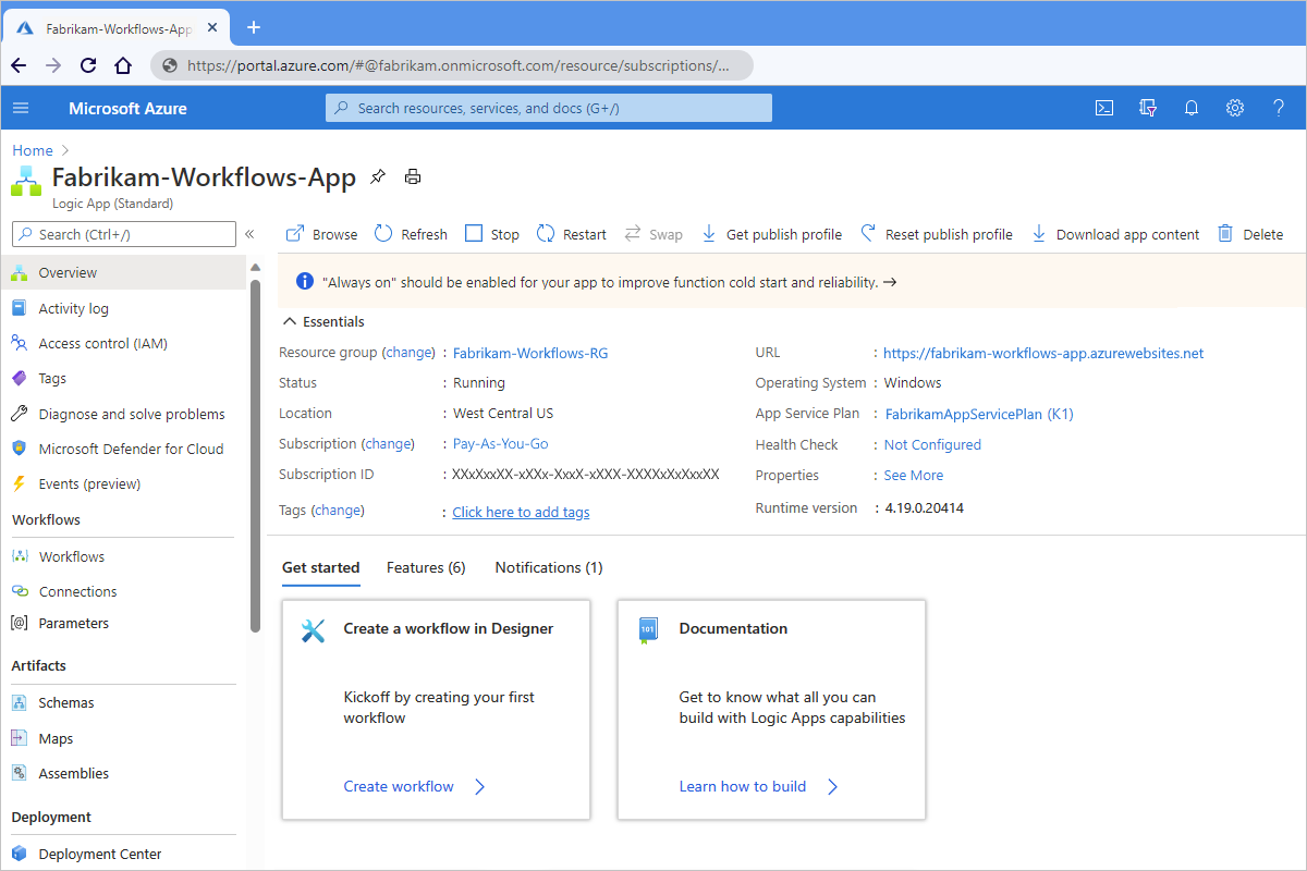 Captura de pantalla que muestra la página de Azure Portal para su aplicación lógica en Visual Studio Code.