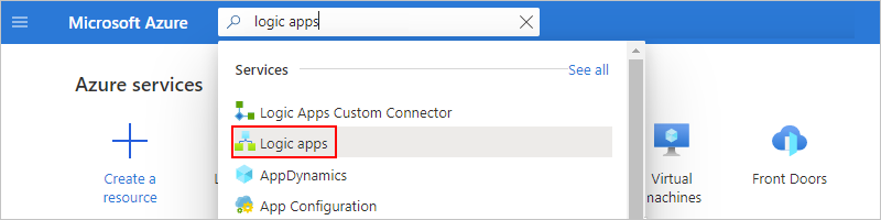 Captura de pantalla que muestra el cuadro de búsqueda de Azure Portal con aplicaciones lógicas como texto de búsqueda.