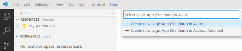 Captura de pantalla que muestra la lista de opciones de implementación y la opción seleccionada, Crear nueva aplicación lógica (estándar) en Azure Advanced.