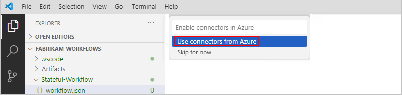 Captura de pantalla que muestra el panel del Explorador, la lista abierta denominada Habilitar conectores en Azure y la opción seleccionada para Usar conectores de Azure.
