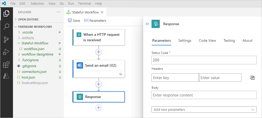 Captura de pantalla que muestra Visual Studio Code, el proyecto de aplicación lógica y el flujo de trabajo.
