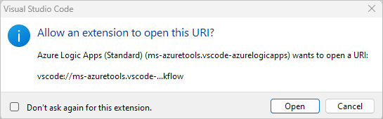 Captura de pantalla que muestra el aviso para abrir las Herramientas de Microsoft Azure.