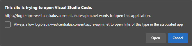 Captura de pantalla que muestra el aviso para abrir el vínculo para Visual Studio Code.