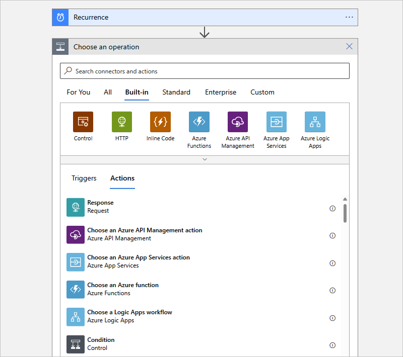 Captura de pantalla que muestra Azure Portal, el diseñador para el flujo de trabajo de la aplicación lógica de consumo con el desencadenador Periodicidad y la galería de acciones integradas.