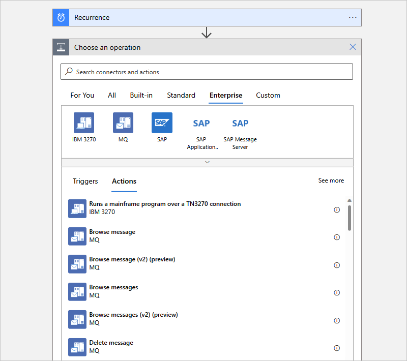 Captura de pantalla que muestra Azure Portal, el diseñador para el flujo de trabajo de la aplicación lógica de consumo con el desencadenador Periodicidad y la galería de acciones Enterprise.