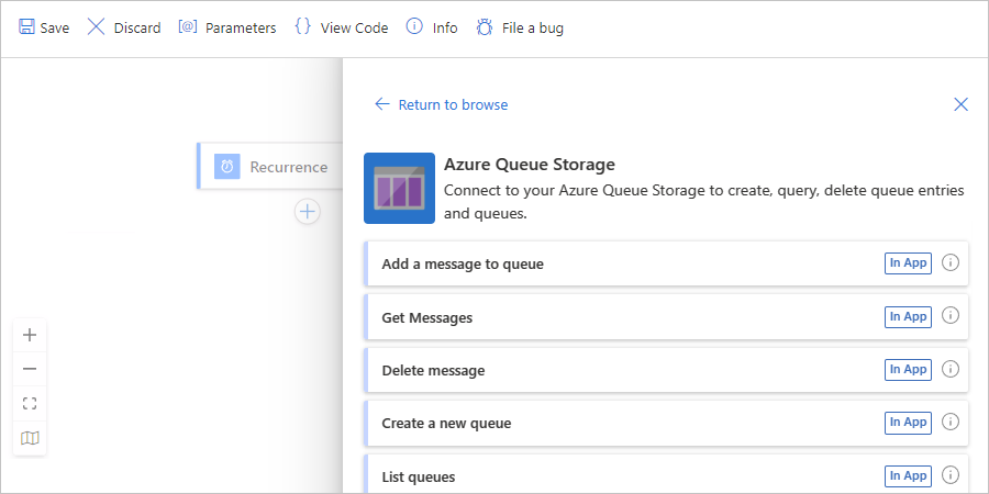 Captura de pantalla que muestra Azure Portal, el diseñador para el flujo de trabajo con estado de la aplicación lógica estándar con el conector de Azure Queue Storage y acciones.