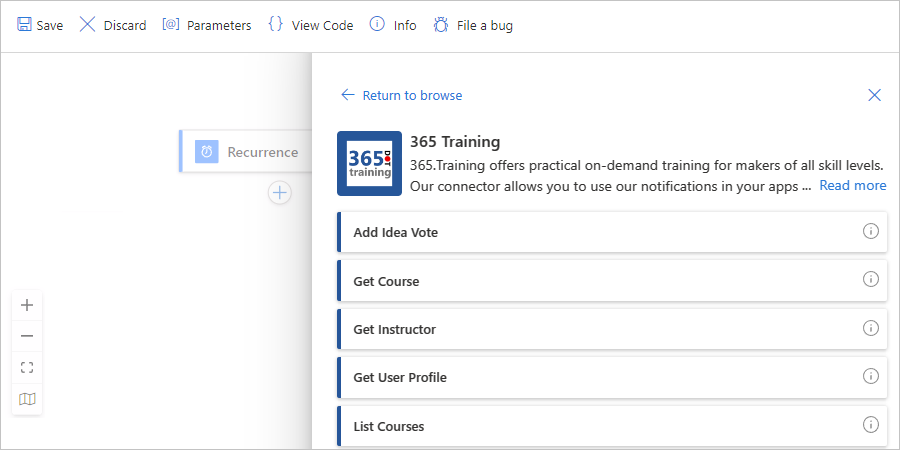 Captura de pantalla que muestra Azure Portal, el diseñador para la aplicación lógica estándar con flujo de trabajo con estado con el conector de 365 Training y acciones.