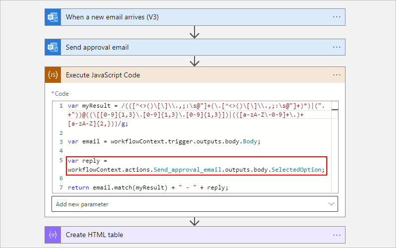 Captura de pantalla que muestra el flujo de trabajo de consumo y la acción Ejecutar código JavaScript con el fragmento de código de ejemplo actualizado.