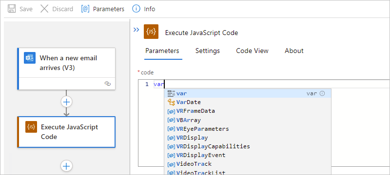 Captura de pantalla que muestra el flujo de trabajo estándar, la acción Ejecutar código JavaScript y la lista autocompletar de palabras clave.