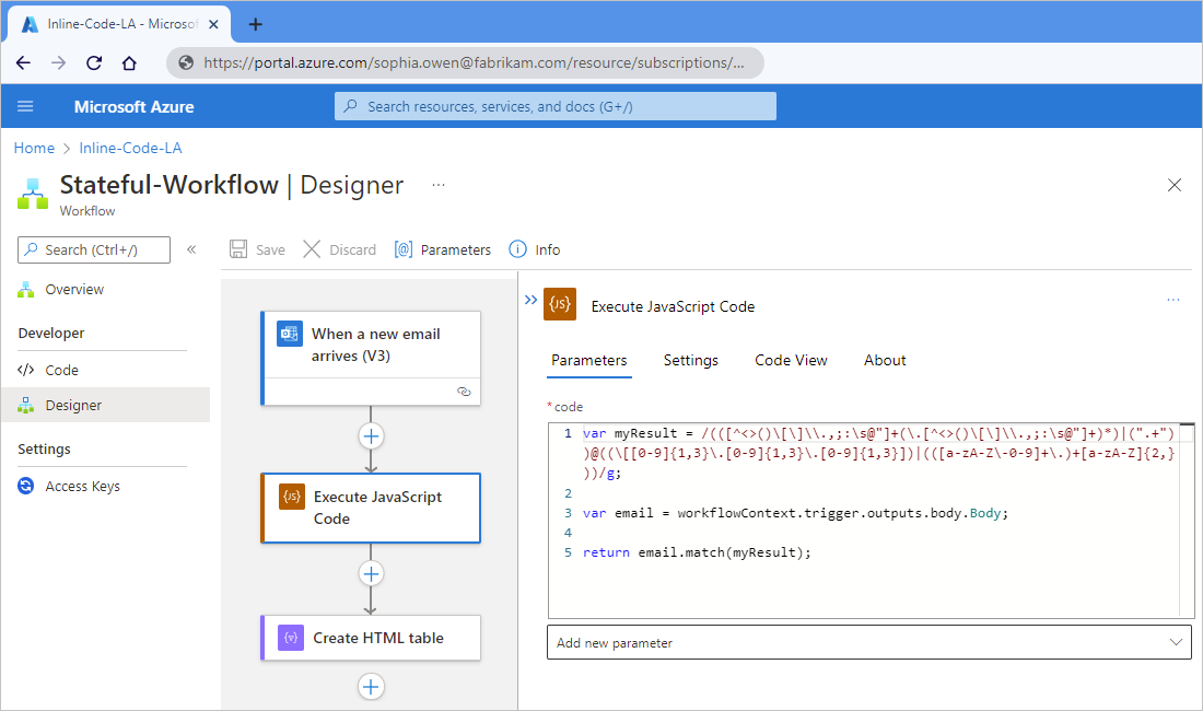 Captura de pantalla que muestra un flujo de trabajo de aplicación lógica estándar de ejemplo con la acción Ejecutar código JavaScript.