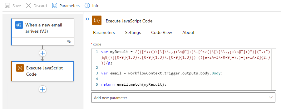 Captura de pantalla que muestra el flujo de trabajo de la aplicación lógica estándar y la acción Ejecutar código JavaScript con la instrucción 