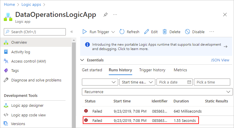 Captura de pantalla en la que se muestra Azure Portal con ejecuciones de flujo de trabajo de la aplicación lógica de consumo y una ejecución con errores seleccionada.
