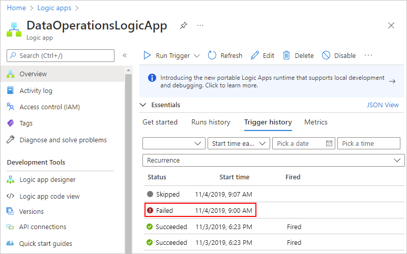 Captura de pantalla en la que se muestra Azure Portal con el historial del desencadenador de flujos de trabajo de la aplicación lógica de consumo.