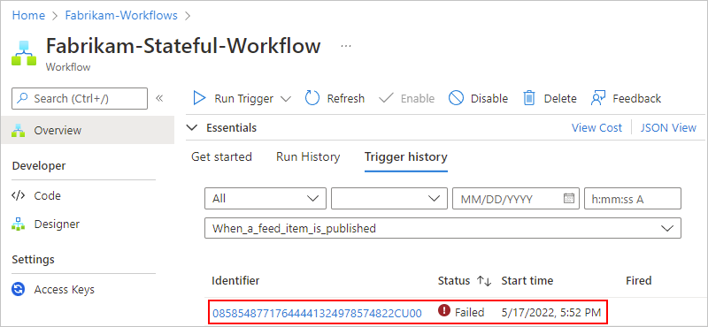 Captura de pantalla en la que se muestra Azure Portal con el historial del desencadenador de flujos de trabajo de la aplicación lógica estándar.