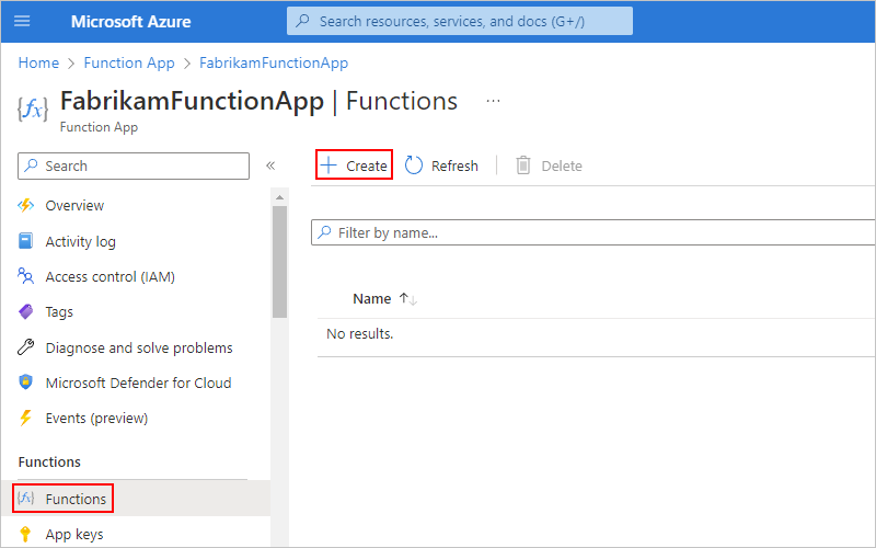 Captura de pantalla de una aplicación de funciones con la opción “Funciones” resaltada en el menú de la aplicación de funciones. Se abre la página “Funciones” y se resalta “Crear”.