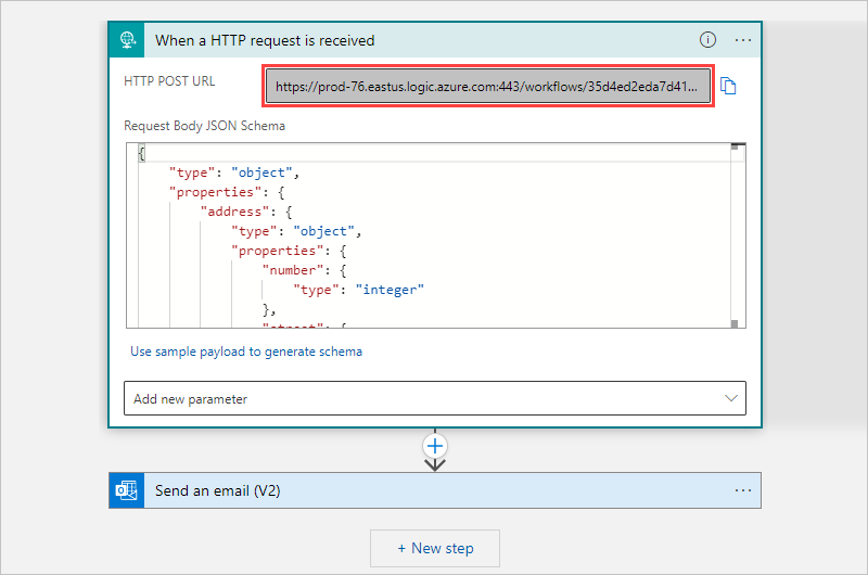 Captura de pantalla de los detalles de un desencadenador de solicitud HTTP. Se ve una dirección URL junto a “Dirección URL HTTP POST”.