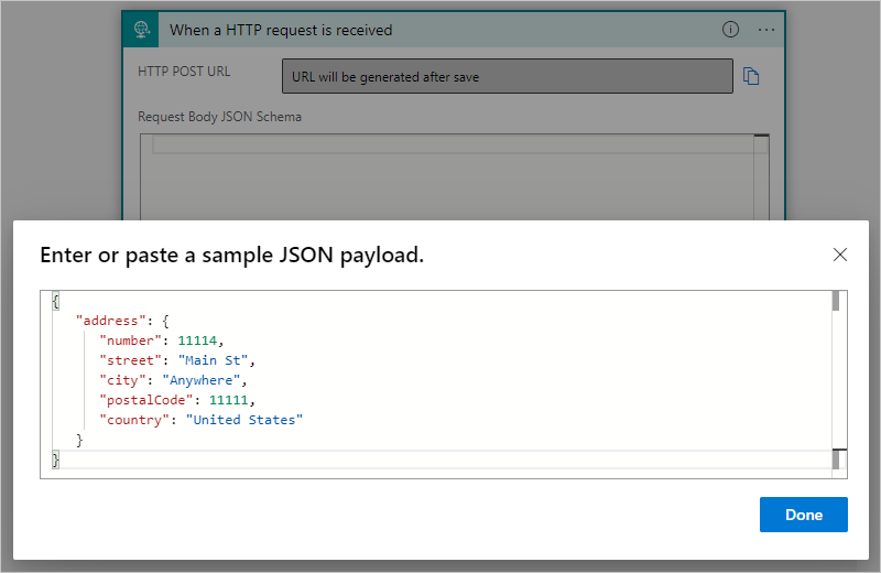 Captura de pantalla de los detalles de un desencadenador de solicitud HTTP. Se pueden ver datos de carga en “Escriba o copie una carga JSON de ejemplo”.