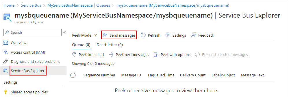 Captura de pantalla de una página de cola de Service Bus en el portal, con el elemento “Enviar mensajes” resaltado. En el menú de navegación, “Service Bus Explorer” está resaltado.