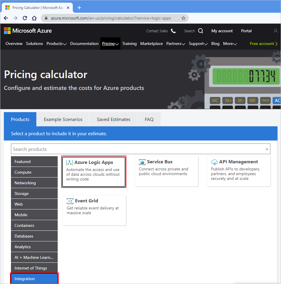 Screenshot that shows the Azure pricing calculator with 