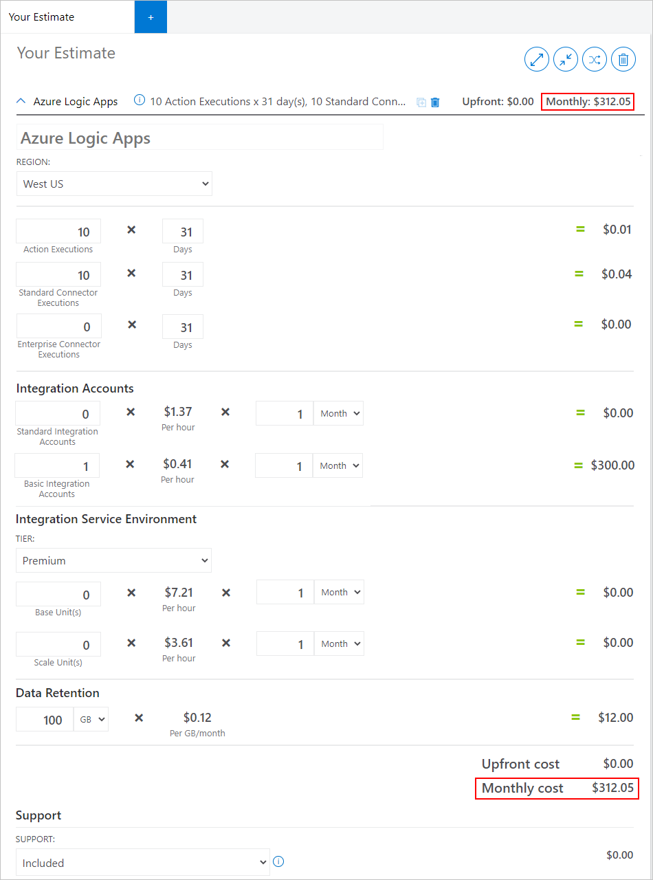 Example showing estimated cost in the Azure Pricing calculator