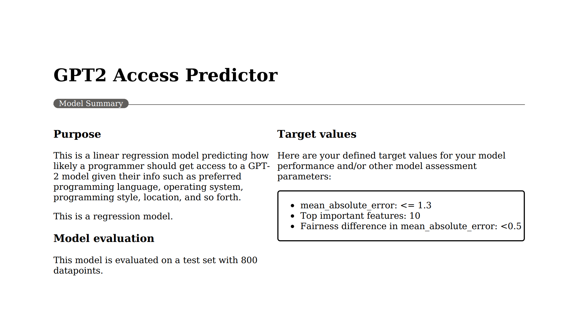 Captura de pantalla que muestra el resumen del modelo en el PDF del cuadro de mandos de IA responsable.