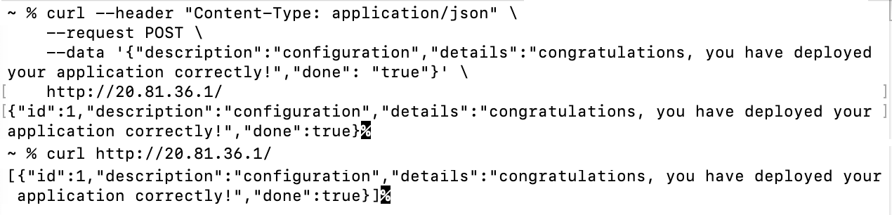 Captura de pantalla que muestra la salida de la línea de comandos de las solicitudes cURL.